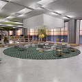Modern Casual Lounge Area Design With Wooden Hexagon Decor Green Plants And Comfortable Seats