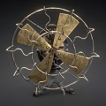 Vintage Mechanical Fan With Metal Frame Brass Blades And Ornate Base
