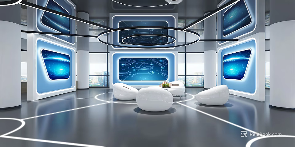 Modern Exhibition Hall With Blue Digital Screens White Seats And Circular Layout 3d model 