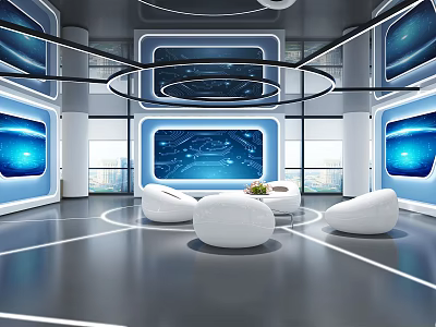 Modern Exhibition Hall With Blue Digital Screens White Seats And Circular Layout 3d model
