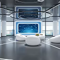 Modern Exhibition Hall With Blue Digital Screens White Seats And Circular Layout