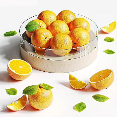 Fresh Oranges Arranged in Glass Container With Slices and Leaves 3d model