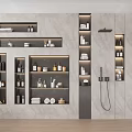 Bathroom Storage Cabinet Shelves with Marble Wall Lighting and Organized Toiletries Towels