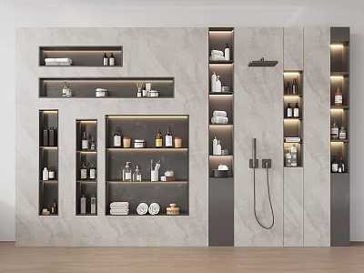 Bathroom Storage Cabinet Shelves with Marble Wall Lighting and Organized Toiletries Towels 3d model
