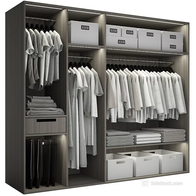 Modern Organized Closet With Hanging Shirts Folded Clothes And White Storage Boxes 3d model 