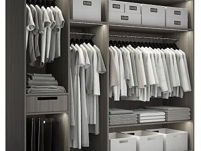Modern Organized Closet With Hanging Shirts Folded Clothes And White Storage Boxes 3d model