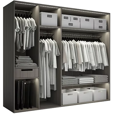 Modern Organized Closet With Hanging Shirts Folded Clothes And White Storage Boxes 3d model