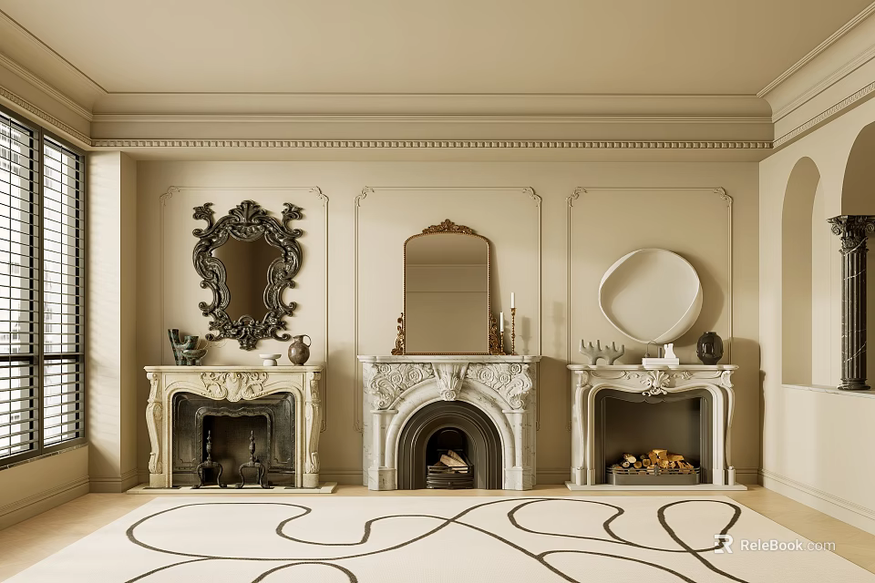 Decorative Ornament Set With Three Fireplaces And Decorative Rectangular Round Mirrors In Room 3d model