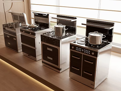 Modern Kitchen Interior With Four Independent Cooking Appliances On Window Countertop 3d model
