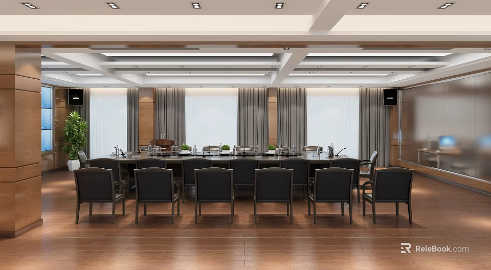 Modern Conference Room Interior With Large Table Black Chairs Wooden Floor And Curtains 3d model 