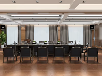 Modern Conference Room Interior With Large Table Black Chairs Wooden Floor And Curtains 3d model