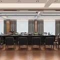Modern Conference Room Interior With Large Table Black Chairs Wooden Floor And Curtains