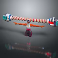 Game Movie Character with Pink Hair Mask Holding Long Red White Striped Weapon Arms Outstretched