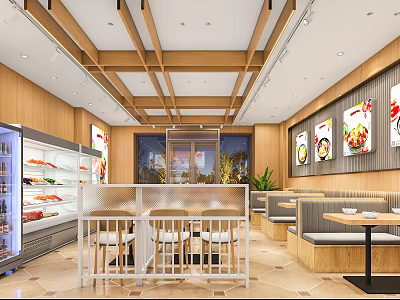 Modern Restaurant Interior With Wooden Decor Open Display Case Fresh Ingredients And Dining Tables 3d model