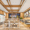 Modern Restaurant Interior With Wooden Decor Open Display Case Fresh Ingredients And Dining Tables