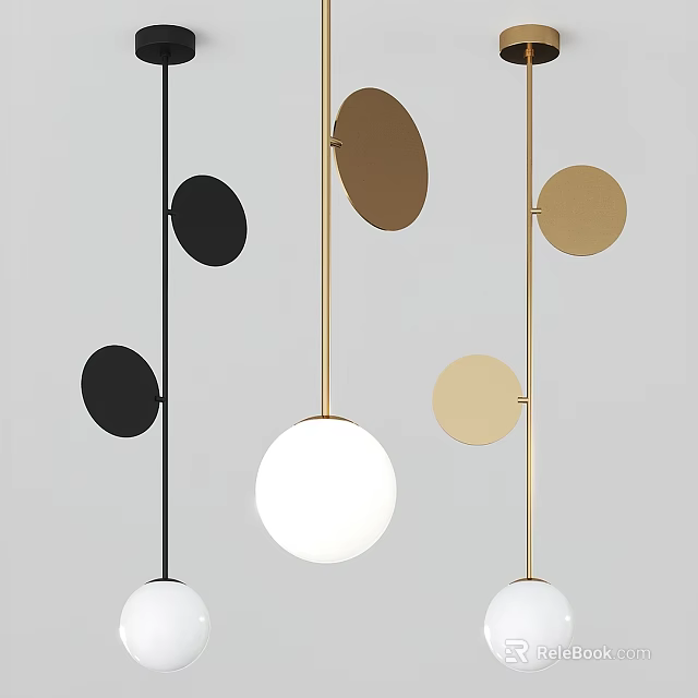 Modern Pendant Lights With Black Gold Metal Frames And Round White Spherical Shades 3d model 