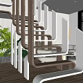Modern Wooden And White Staircase Design In Bright Interior With Green Plants And Large Windows