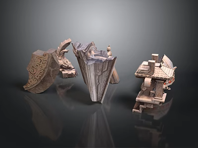 Three Different Traditional Stone Sculpture Carvings With Architectural Structures And Decorative Patterns 3d model
