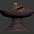 Decorative Copper Bowl With Stacked Wood Logs On Textured Base And Metallic Finish