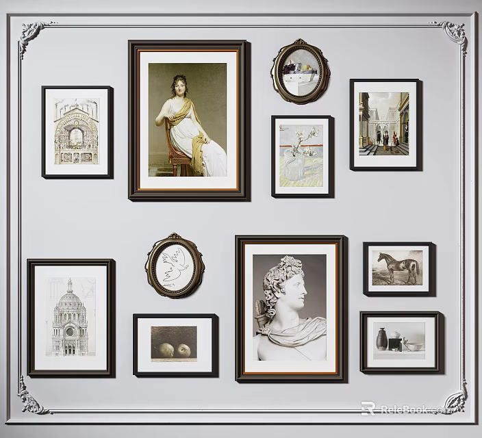 Gallery Wall Featuring Various Framed Artworks and Decorative Frames in Home Interior 3d model