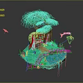 Floating Island Scene With Large Green Tree Wooden Hut Bridge Pond Fish And Boat