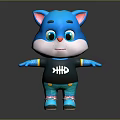 Blue Cartoon Cat Character With Black T Shirt Fishbone Design And Blue Pants Shoes
