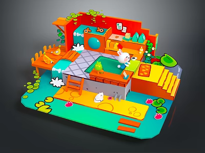 Colorful Cartoon Interior Design With Furniture Tables Chairs And Decorative Plants 3d model