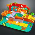 Colorful Cartoon Interior Design With Furniture Tables Chairs And Decorative Plants