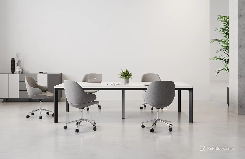 Modern Gray Wheeled Leisure Chairs In Office Interior With Table And Plants 3d model 