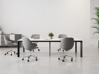 Modern Gray Wheeled Leisure Chairs In Office Interior With Table And Plants 3d model