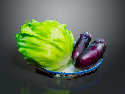 Fresh Green Lettuce And Purple Eggplants In Blue Plate For Healthy Diet 3d model