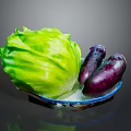 Fresh Green Lettuce And Purple Eggplants In Blue Plate For Healthy Diet