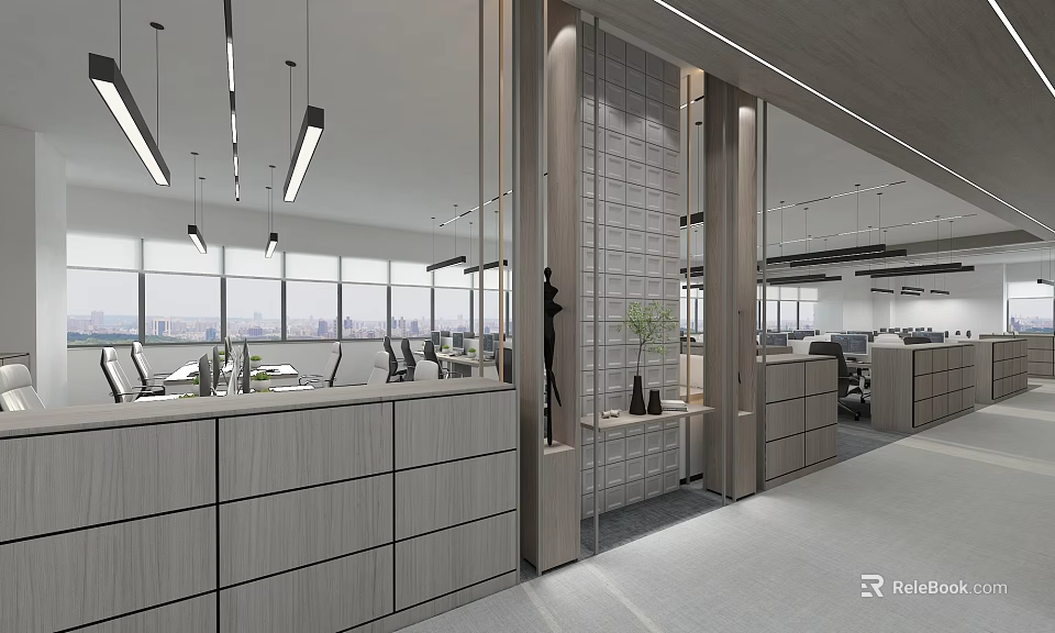 Modern Public Office Interior With Open Layout Workstations Pendant Lights And Storage Cabinets 3d model