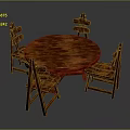 Classic Round Wooden Dining Table With Four Backrest Chairs And Dark Brown Texture
