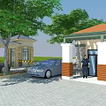 Entrance Gate Featuring Gatehouse Barrier Green Trees Black Car On Paved Ground
