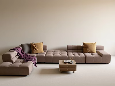 Modern L Shaped Taupe Sofa Set With Throw Pillows Blanket And Coffee Table 3d model