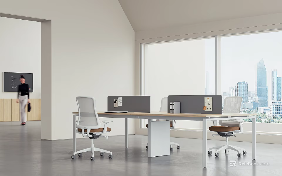 Modern Public Office Space With Open Layout Desks Chairs Dividers And City View Through Windows 3d model 