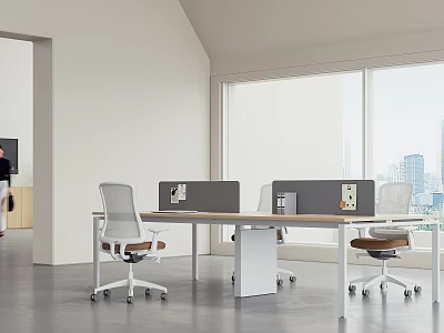 Modern Public Office Space With Open Layout Desks Chairs Dividers And City View Through Windows 3d model