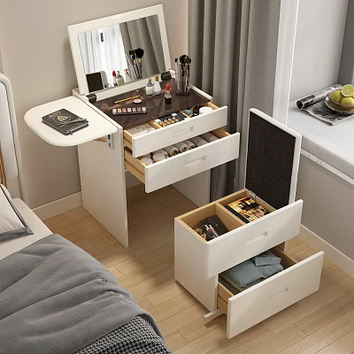 Modern Bedroom Dressing Table With Mirror And Open Drawers For Makeup Storage 3d model