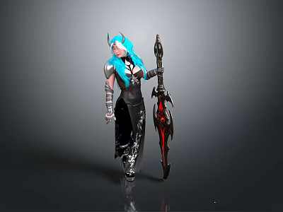 Fantasy Woman With Blue Hair And Horns In Black Outfit Holding Red Detailed Weapon 3d model