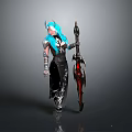 Fantasy Woman With Blue Hair And Horns In Black Outfit Holding Red Detailed Weapon