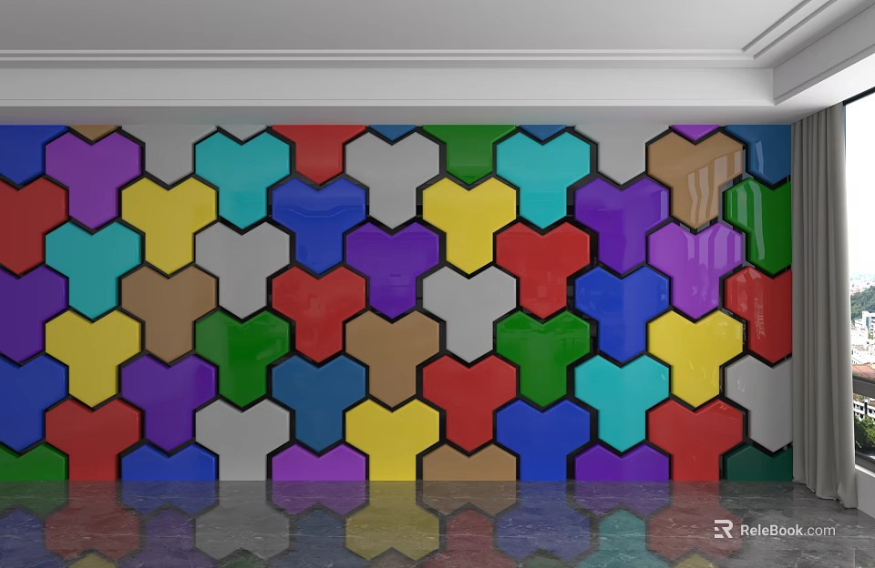 Colorful Hexagon Patterned Wall with Multiple Colors Purple Blue Yellow Green Red Brown 3d model 