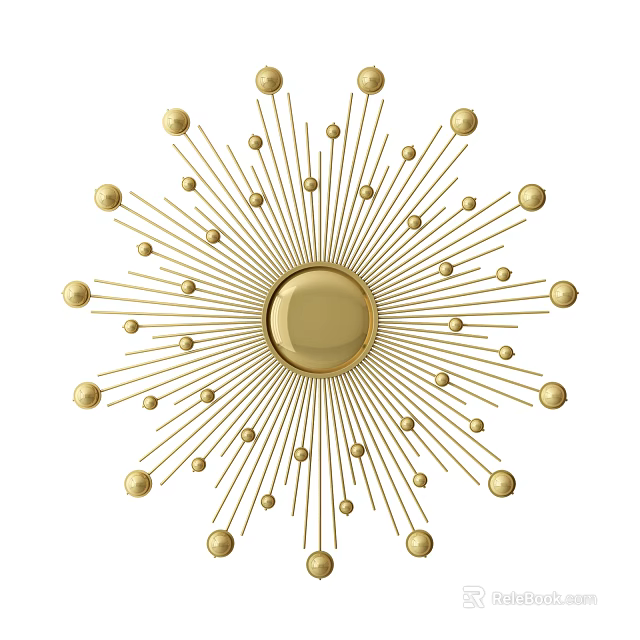 Gold Sunburst Wall Decor With Round Center And Small Spherical Accents 3d model 