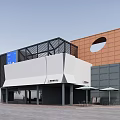 Exterior View Of Modern Building With Awnings Tables Chairs Green Plants Trees And Vehicles
