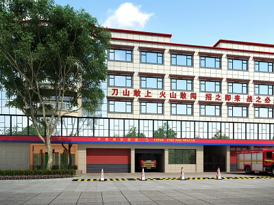 Modern Fire Station Building with Fire Truck Trees and Safety Stripes 3d model