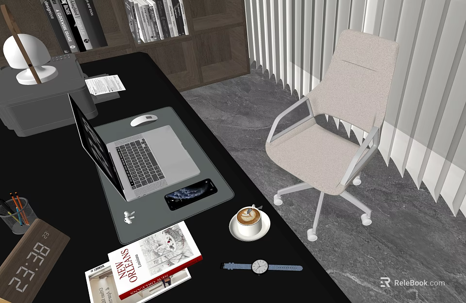 Modern Office Chair With Desk Laptop Coffee Cup Books And Blinds 3d model 