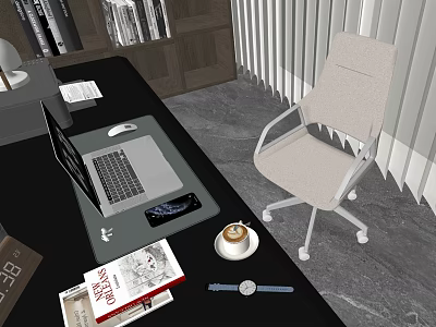 Modern Office Chair With Desk Laptop Coffee Cup Books And Blinds 3d model