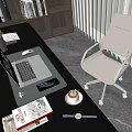 Modern Office Chair With Desk Laptop Coffee Cup Books And Blinds