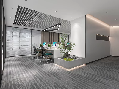 Modern Public Office Space With Open Layout Office Desks Ergonomic Chairs Computers And Potted Plants 3d model