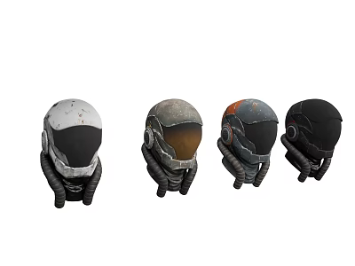 Four Different Colored Distressed Protective Helmets With Vintage Design Details 3d model